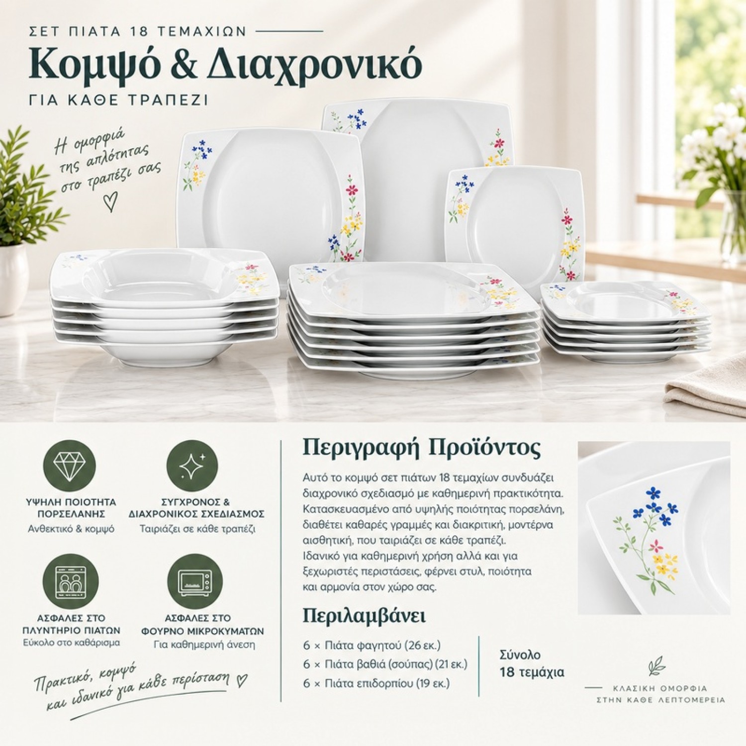 Σετ Πιάτα 18 Τεμαχίων πορσελάνης – Λευκό με Λουλουδάτο Σχέδιο PT-001